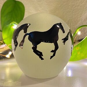 Correia Signed Glass Paperweight Wild Black Galloping Horses Clear Frosted